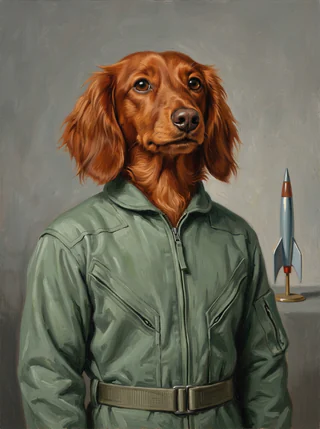 A long-haired red dog as an AI-rendered, painted-style portrait in the Apollo Program tradition