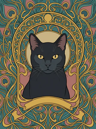 A black cat as an AI-rendered, illustration-style portrait in the Art Nouveau tradition