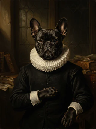 A black French bulldog as an AI-rendered, painted-style portrait in the Dutch Golden Age tradition