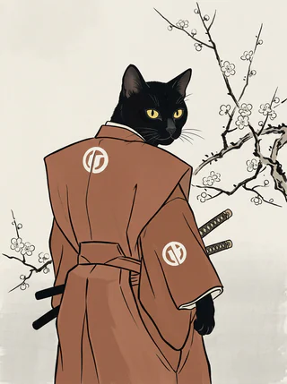 A black cat as an AI-rendered, illustration-style portrait in the Edo Period tradition