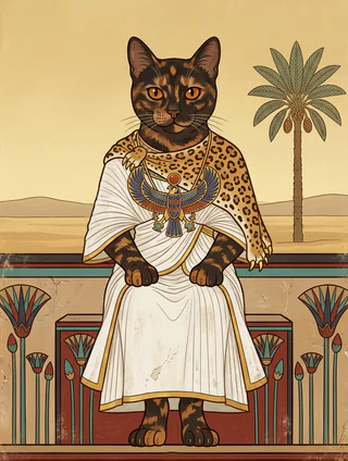 A tortoiseshell cat as an AI-rendered, illustration-style portrait in the Pharaonic Dynastic tradition