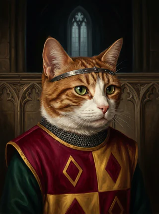 A ginger-and-white tabby cat as an AI-rendered, painted-style portrait in the Gothic Revival tradition