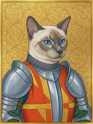 A Siamese cat as an AI-rendered, painted-style portrait in the Medieval Court tradition
