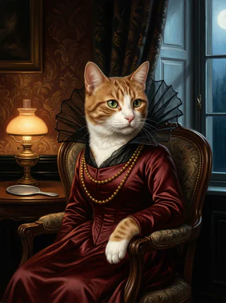 A ginger-and-white tabby cat as an AI-rendered, painted-style portrait in the Midnight Halloween tradition