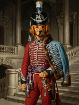 A golden retriever as an AI-rendered, painted-style portrait in the Napoleonic Campaign tradition