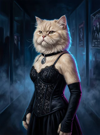 A long-haired cream cat as an AI-rendered, painted-style portrait in the Nineties Underground tradition