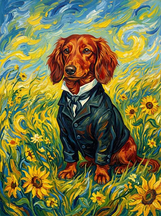 A long-haired red dachshund as an AI-rendered, painted-style portrait in the Post-Impressionist tradition