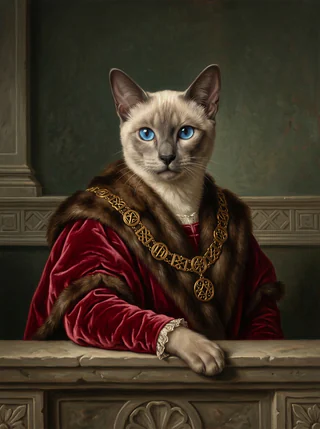A blue-eyed Siamese cat as an AI-rendered, painted-style portrait in the Florentine Ducal tradition
