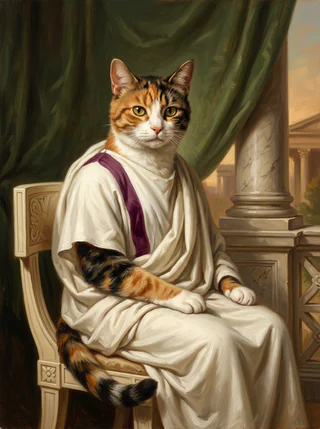 A calico cat as an AI-rendered, painted-style portrait in the Roman Imperial tradition