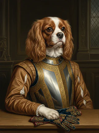 A Cavalier King Charles spaniel as an AI-rendered, painted-style portrait in the Tudor Court tradition