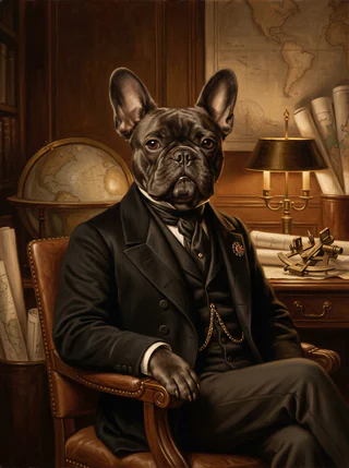 A black French bulldog as an AI-rendered, painted-style portrait in the Victorian Expedition tradition