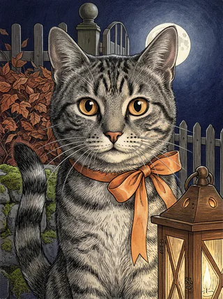 A silver tabby cat as an AI-rendered, illustration-style portrait in the Illustrated Halloween tradition