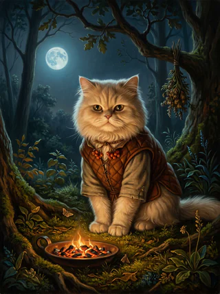 A long-haired cream cat as an AI-rendered, painted-style portrait in the Witching Halloween tradition
