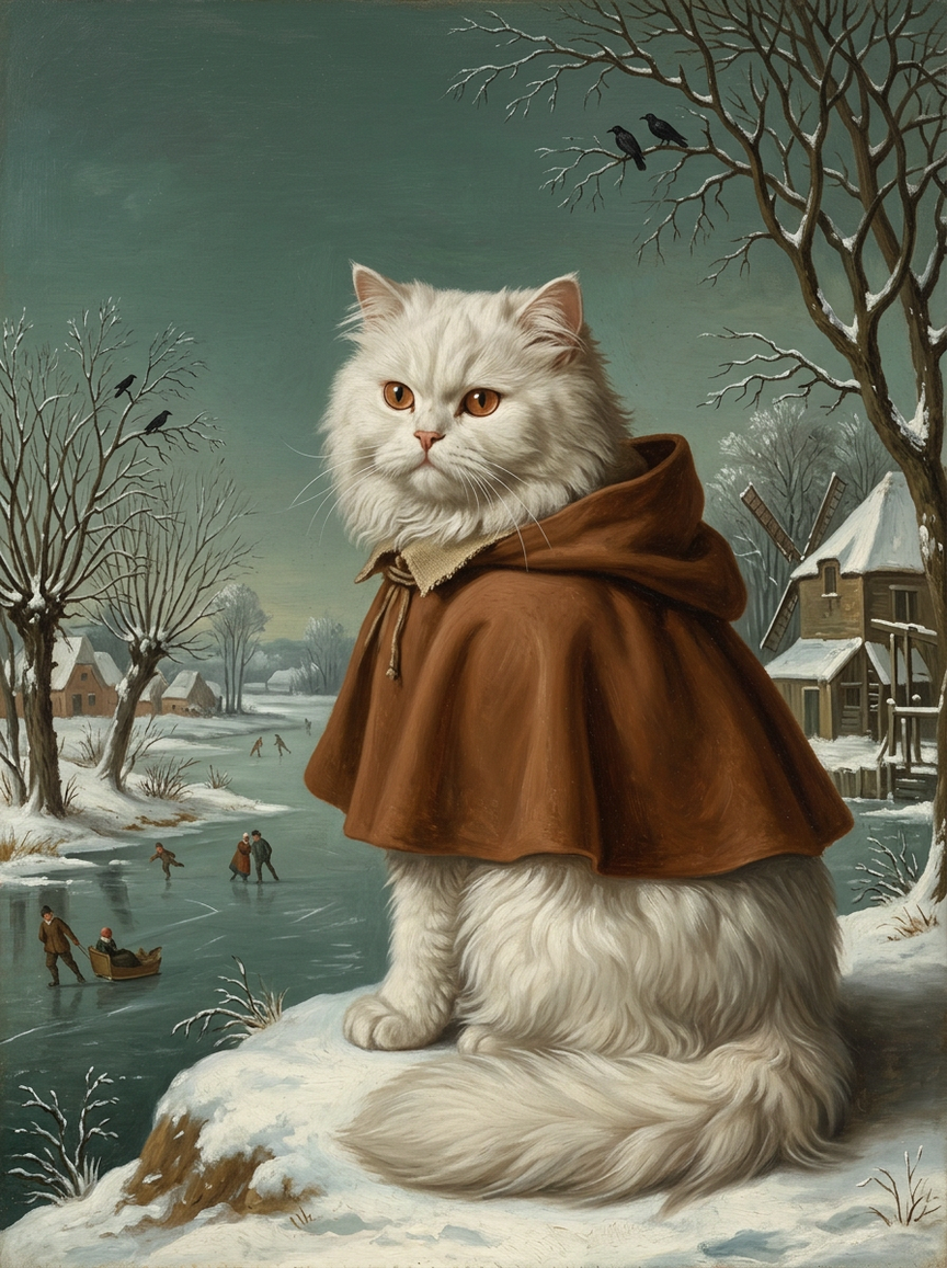 A long-haired white cat as an AI-rendered, painted-style portrait in the Flemish Winter tradition