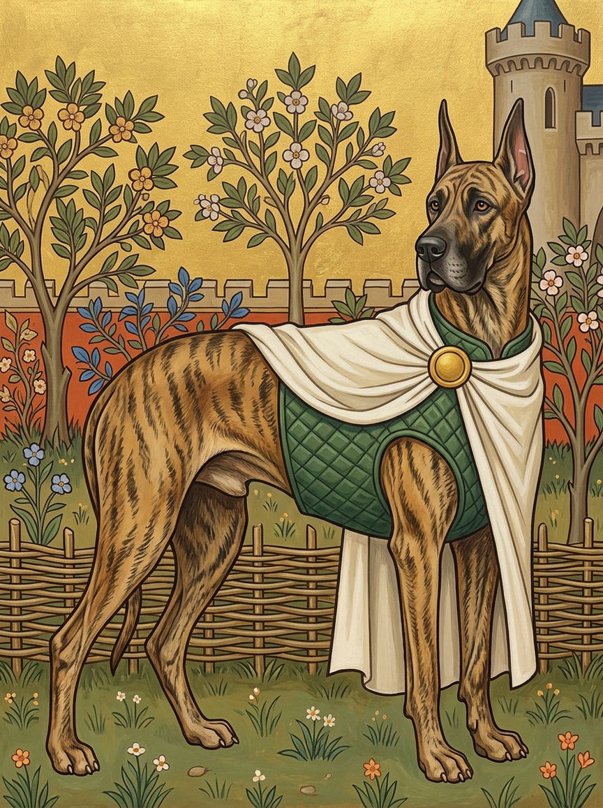 A brindle Great Dane in a green gambeson and white cloak, standing in a walled garden, AI-rendered