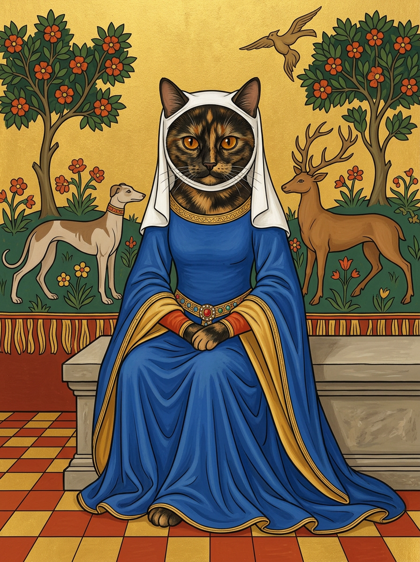 A tortoiseshell cat in a blue gown and white wimple, seated before a hanging of a hound and a stag, AI-rendered