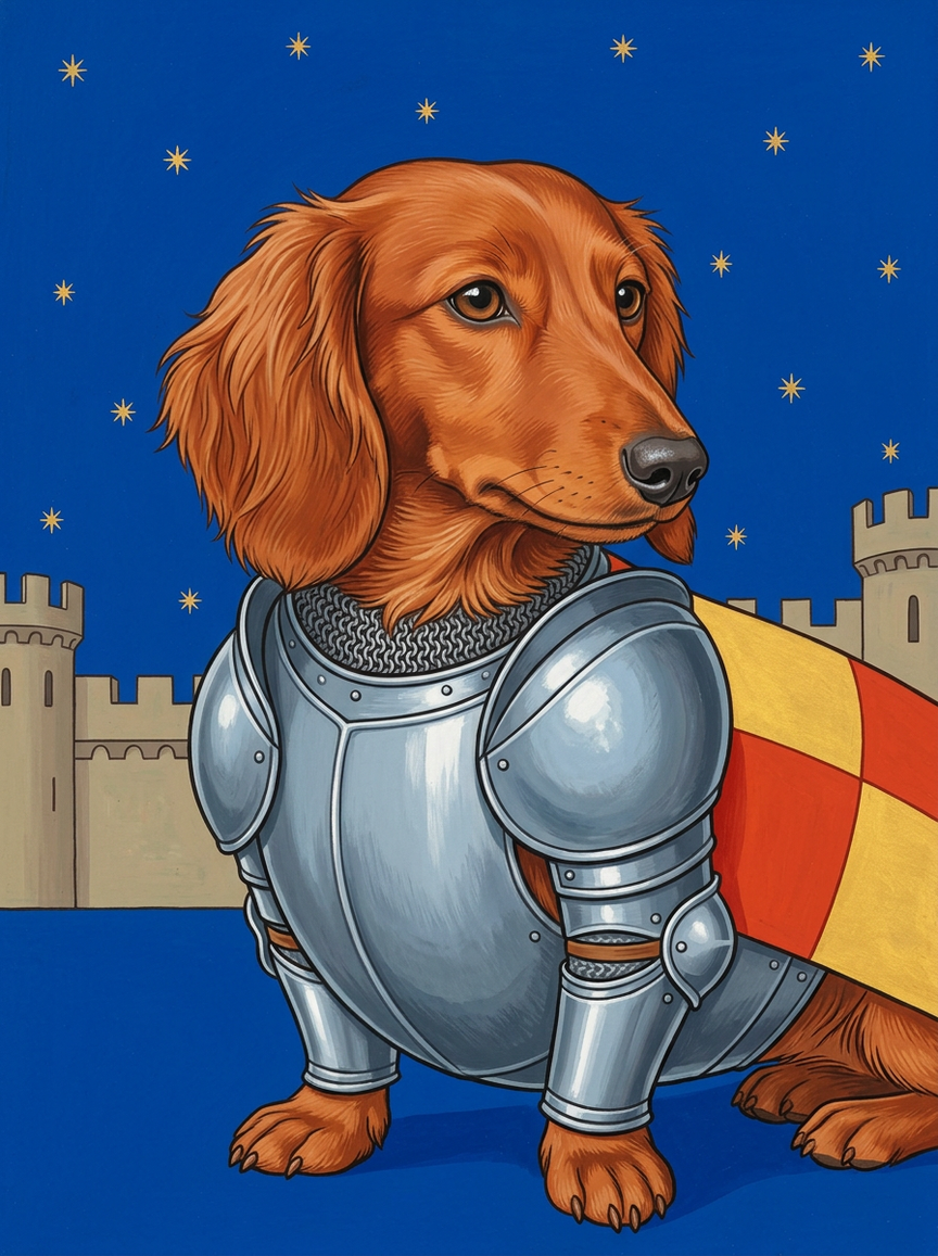 A long-haired red dachshund in plate armour and a quartered surcoat before a castle wall under a starred sky, AI-rendered