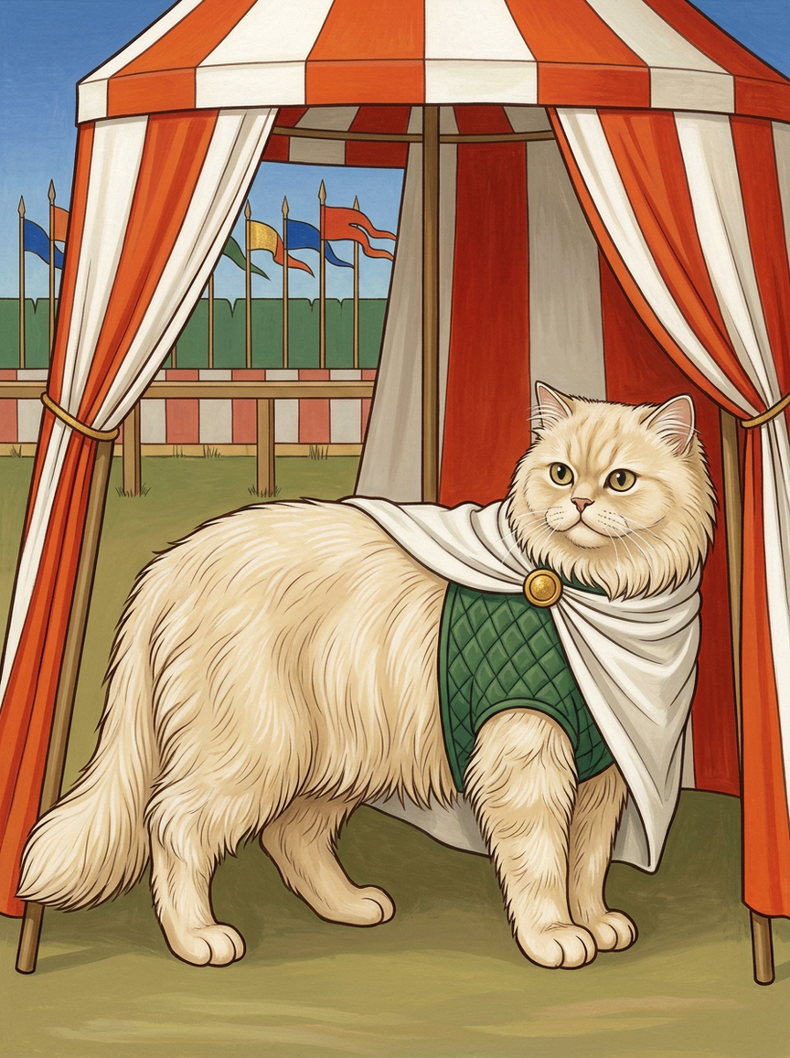 A cream long-haired cat in a green gambeson and white cloak under a striped red and white pavilion, AI-rendered