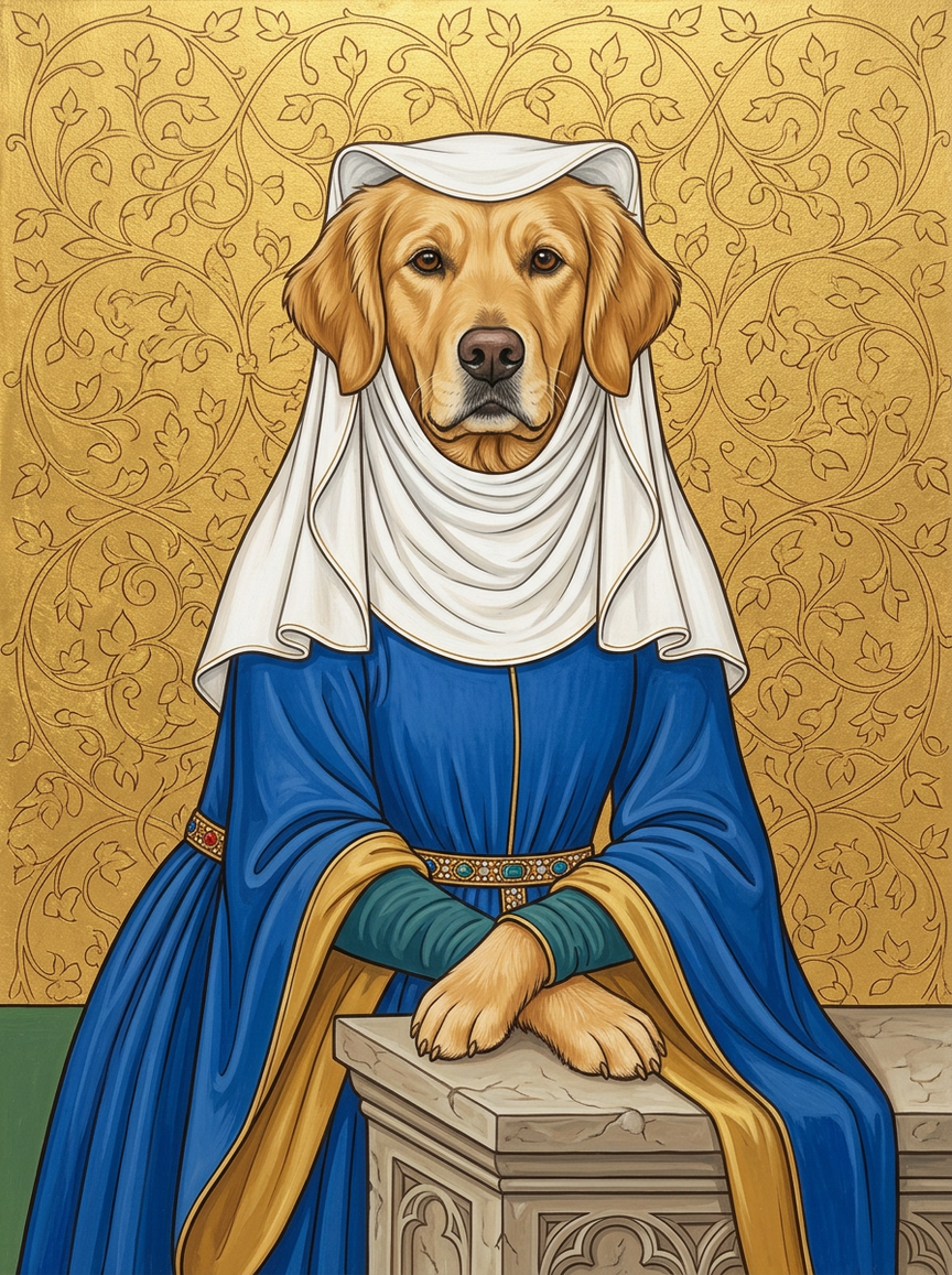 A golden retriever in a blue gown and white wimple, seated before a tooled gold ground, AI-rendered