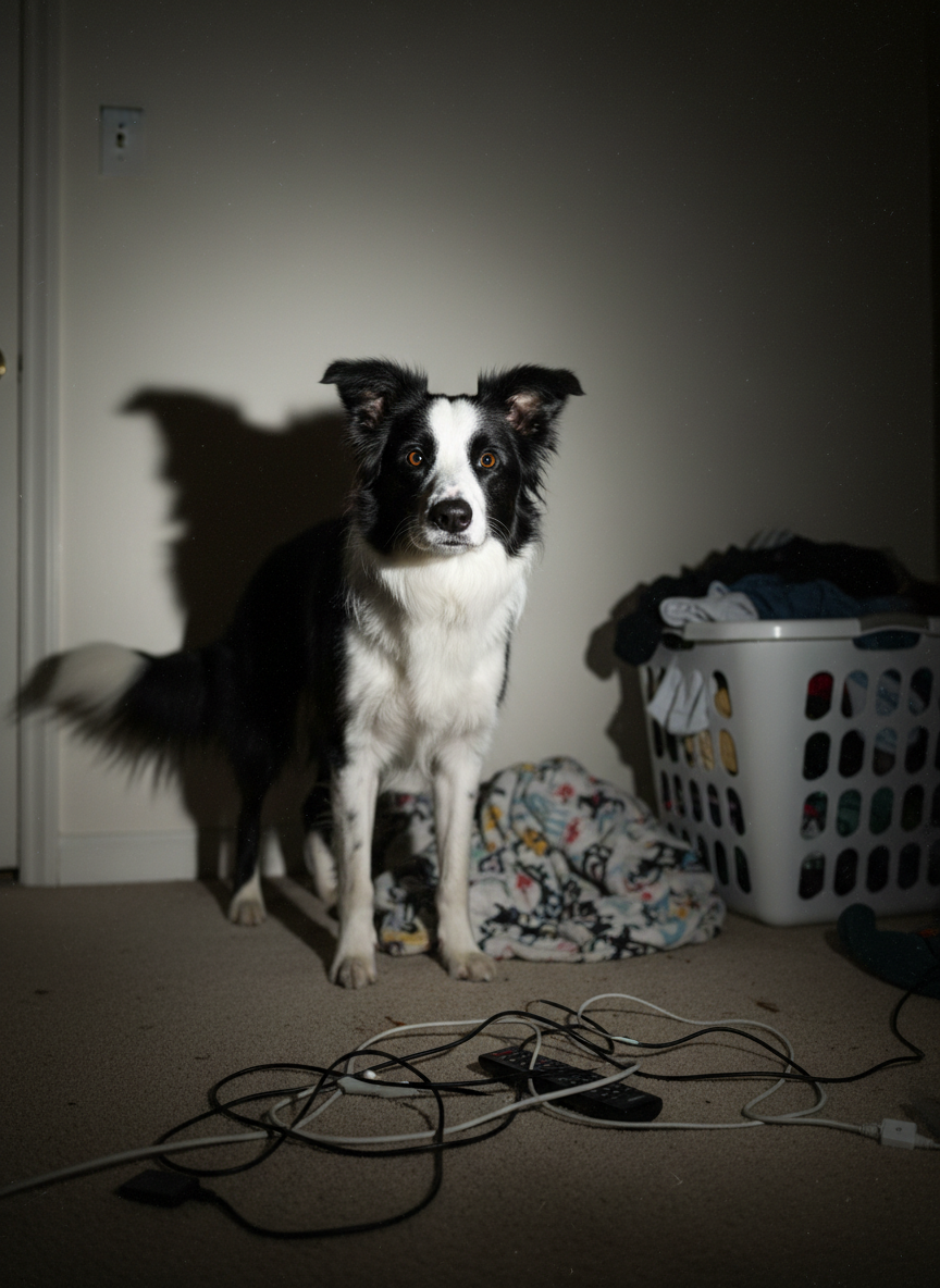 The source image: a black-and-white border collie, indoors at night