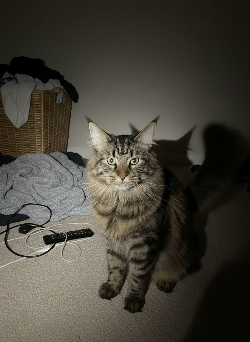 The source image: a brown tabby maine coon cat, indoors at night
