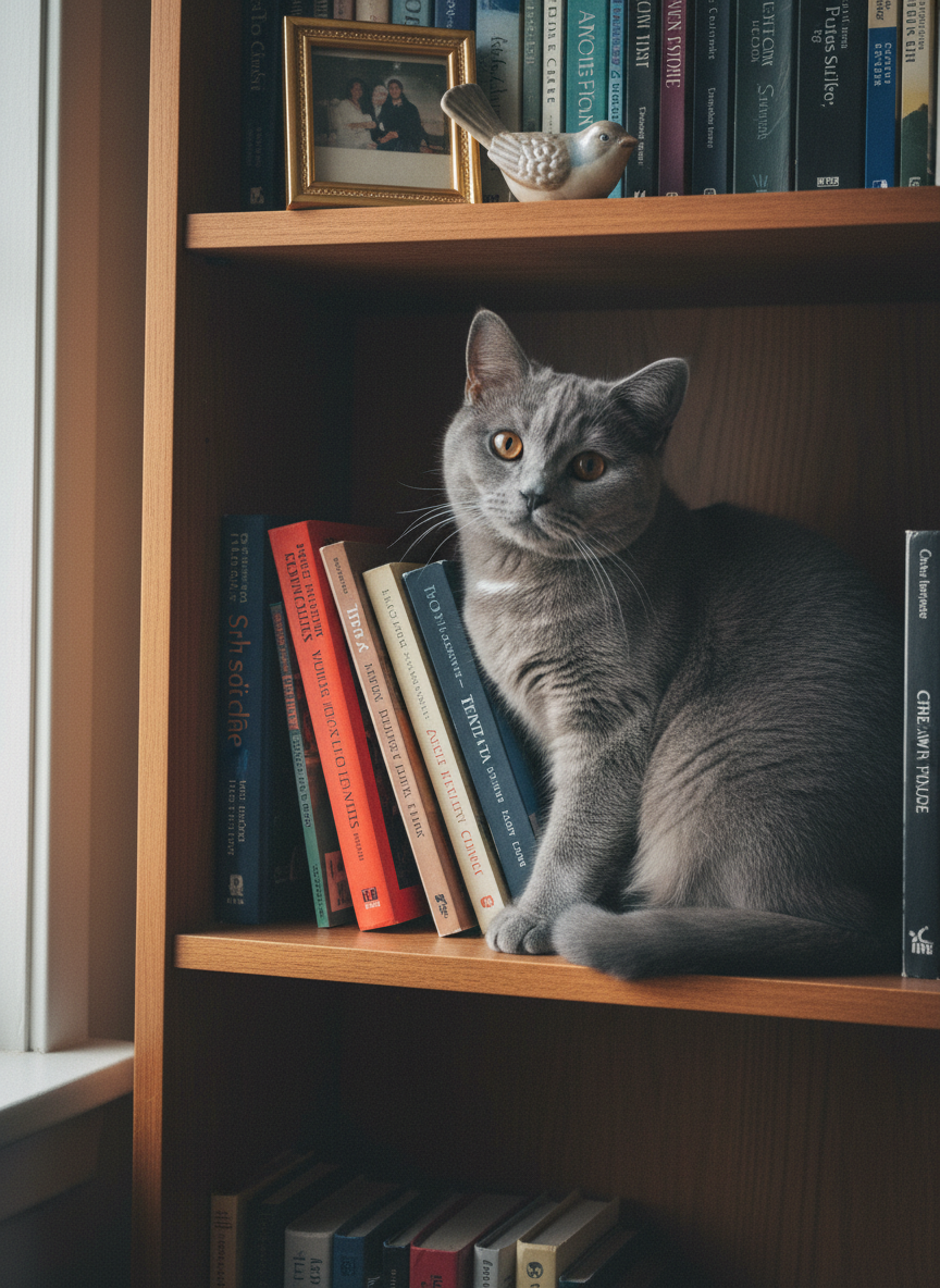 The source image: a blue-grey british shorthair cat, on a bookshelf in daylight