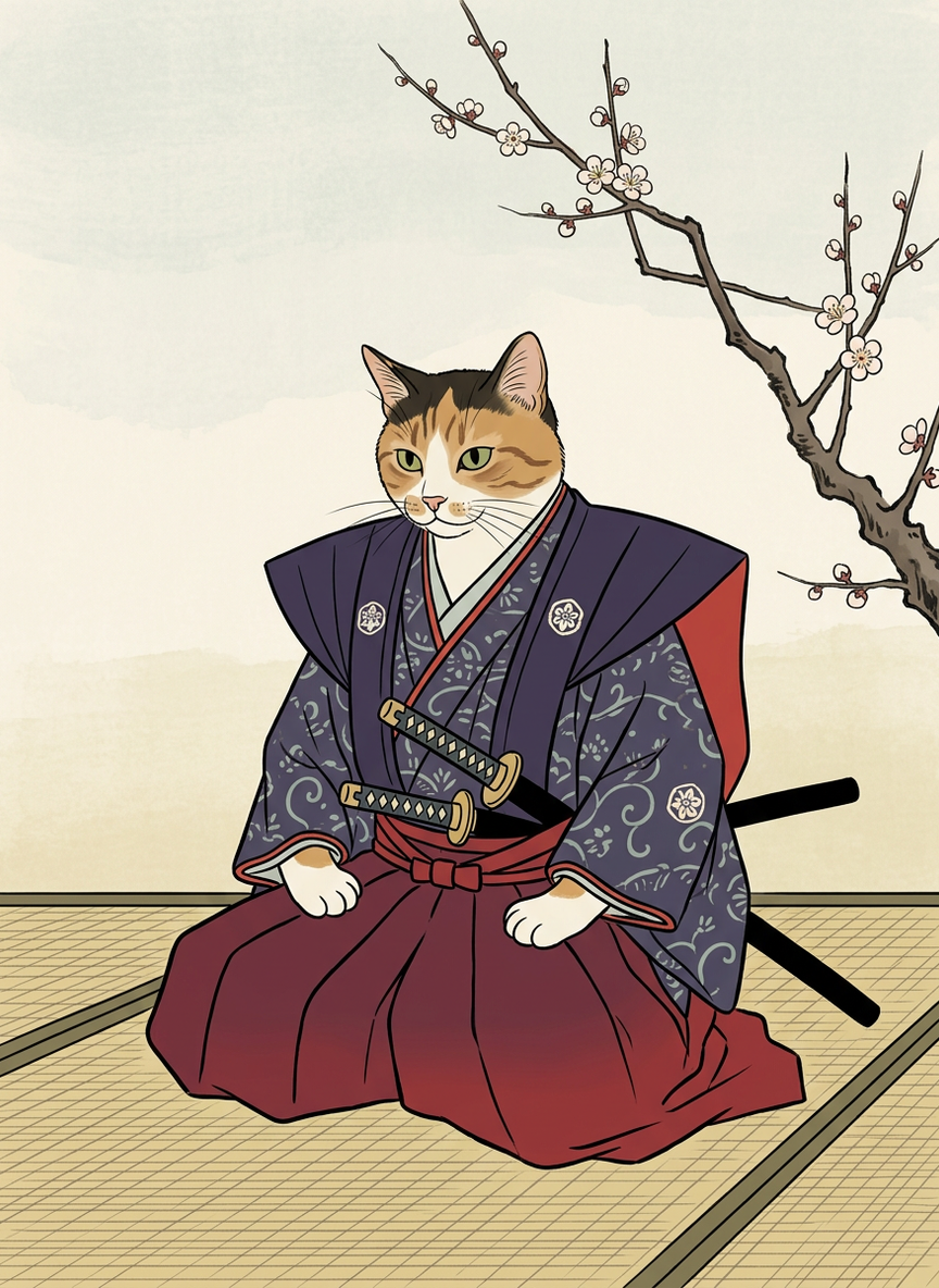 a calico cat, halfway down a carpeted staircase in daylight, rendered by the studio in The Edo Period style, from the source image in this frame