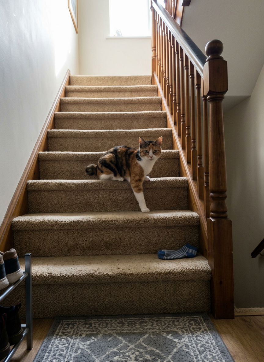The source image: a calico cat, halfway down a carpeted staircase in daylight