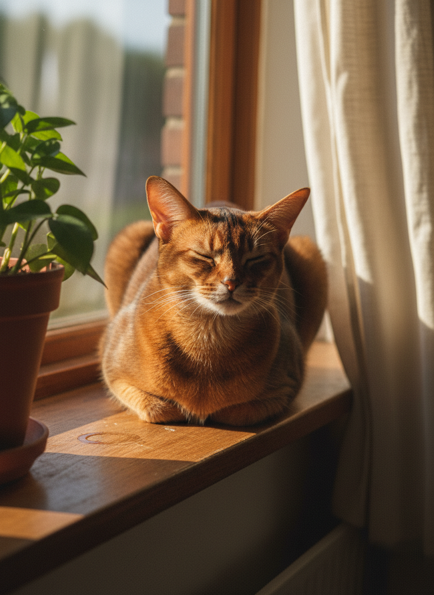 The source image: a warm ruddy-brown abyssinian cat, on a sunlit windowsill