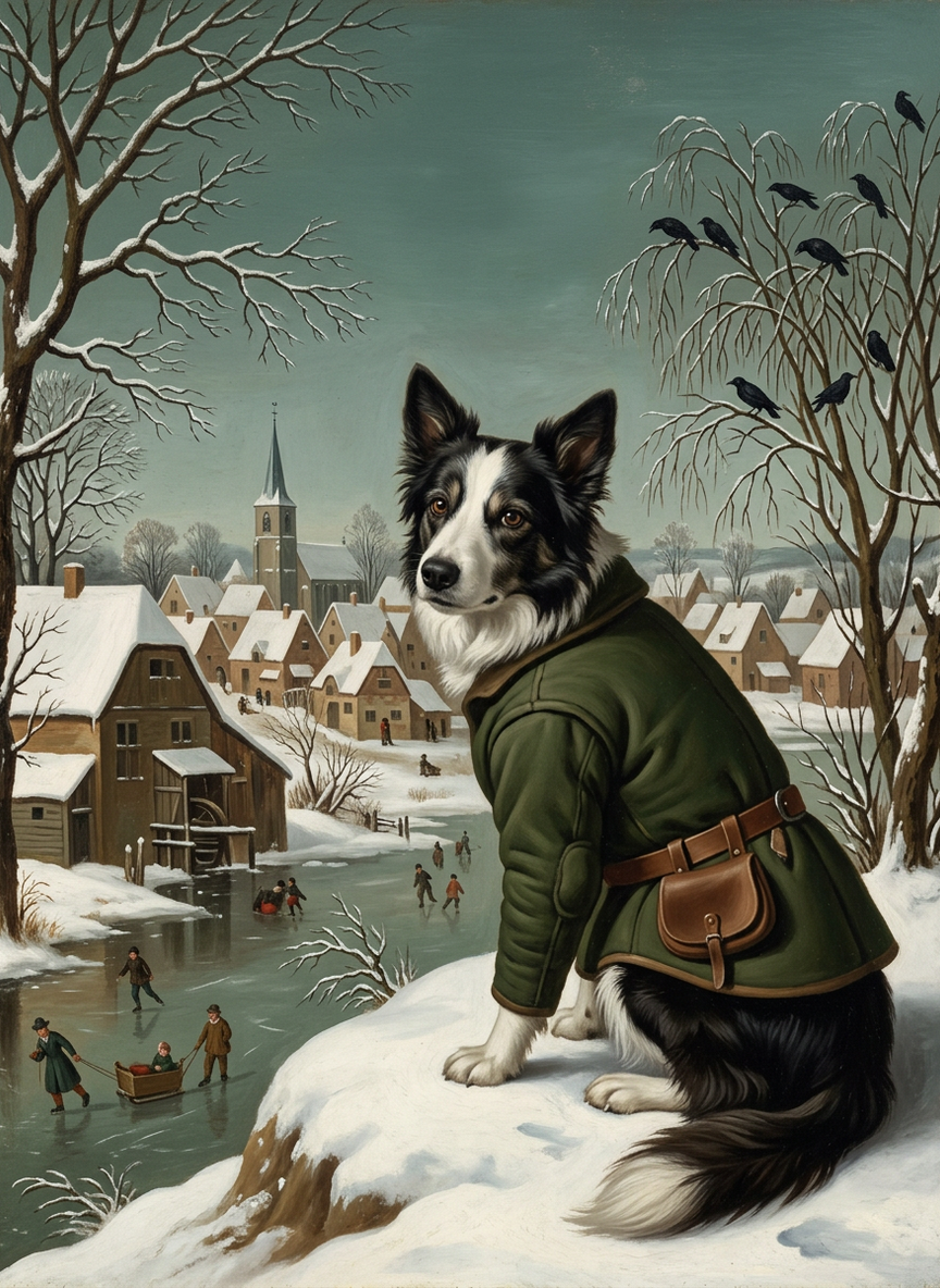 a black-and-white border collie, sitting in an overgrown garden in bright daylight, rendered by the studio in The Flemish Winter style, from the source image in this frame