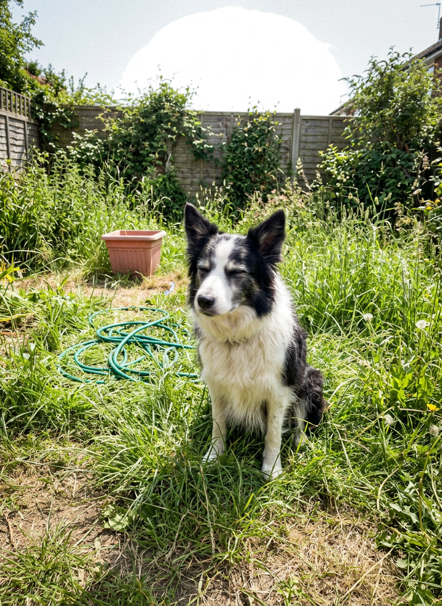 The source image: a black-and-white border collie, sitting in an overgrown garden in bright daylight