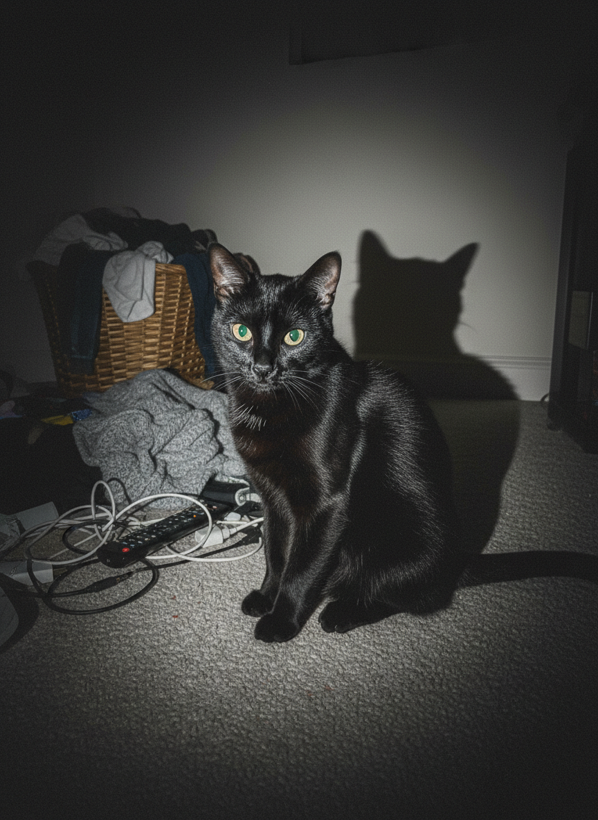 The source image: a solid black bombay cat, indoors at night