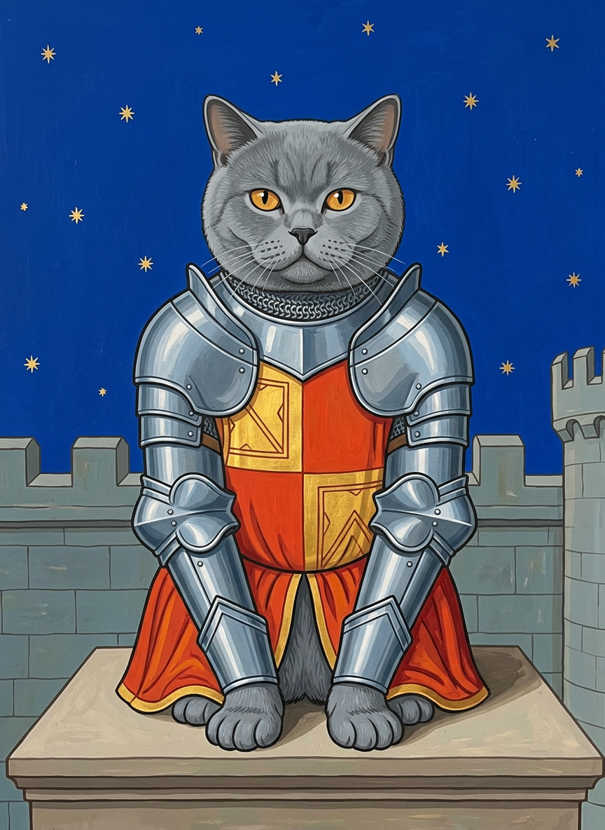 a blue-grey british shorthair cat, loafed on a sunlit windowsill beside a potted spider plant, curtains to one side, rendered by the studio in The Medieval Court style, from the source image in this frame