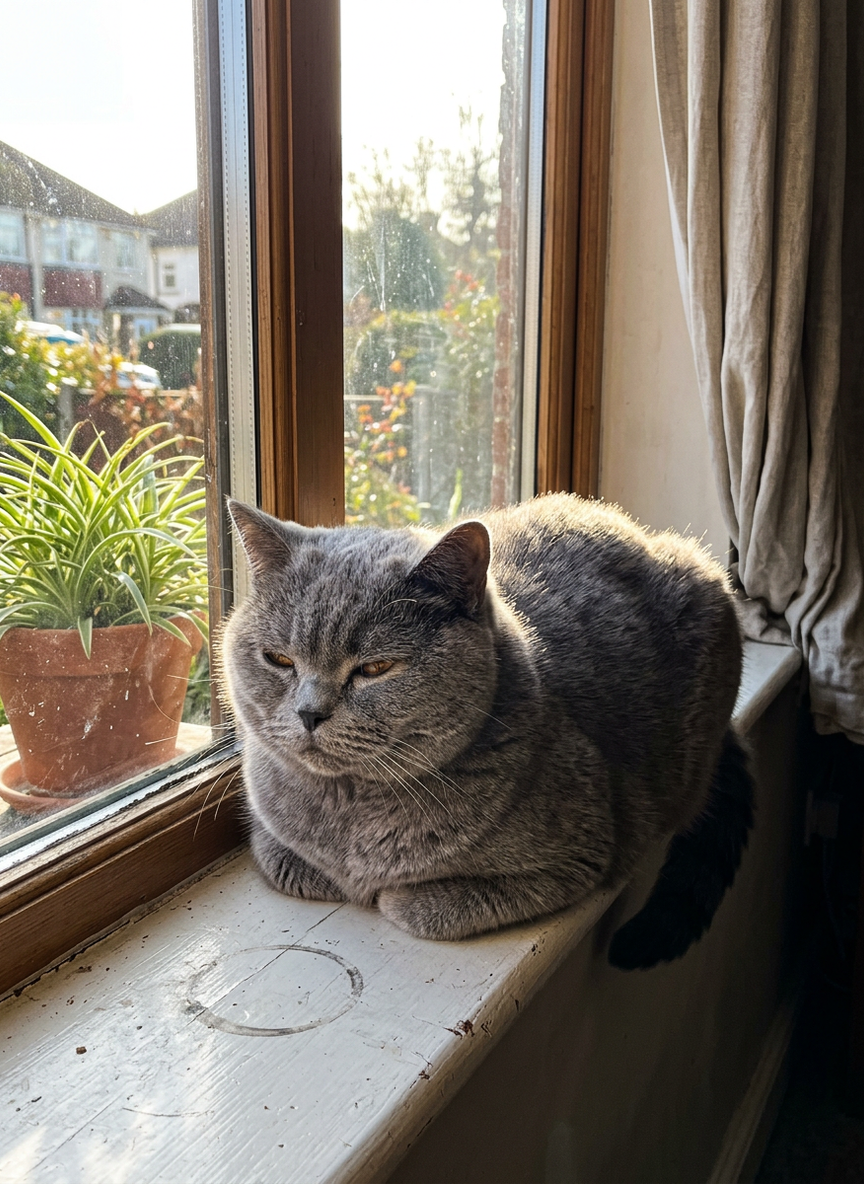 The source image: a blue-grey british shorthair cat, loafed on a sunlit windowsill beside a potted spider plant, curtains to one side