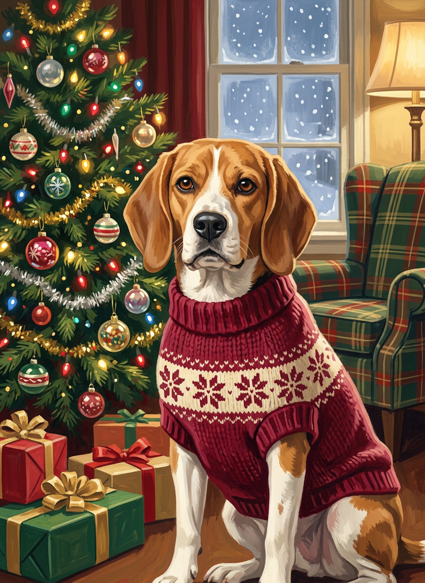 a tricolour beagle half-buried in a throw blanket on the sofa, in daylight, rendered by the studio in The Mid-Century Christmas style, from the source image in this frame