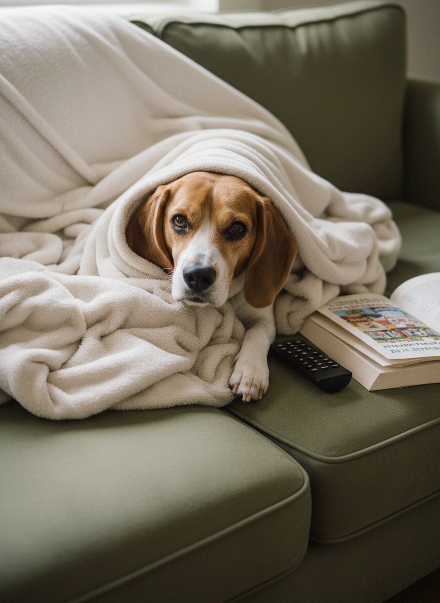 The source image: a tricolour beagle half-buried in a throw blanket on the sofa, in daylight