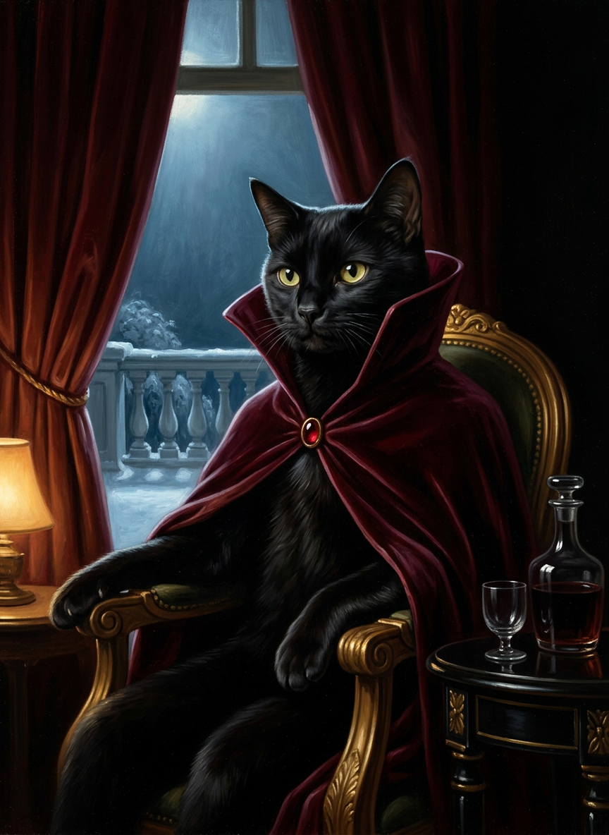 a solid black shorthair cat, asleep and sprawled across an unmade bed in morning light, rendered by the studio in The Midnight Halloween style, from the source image in this frame