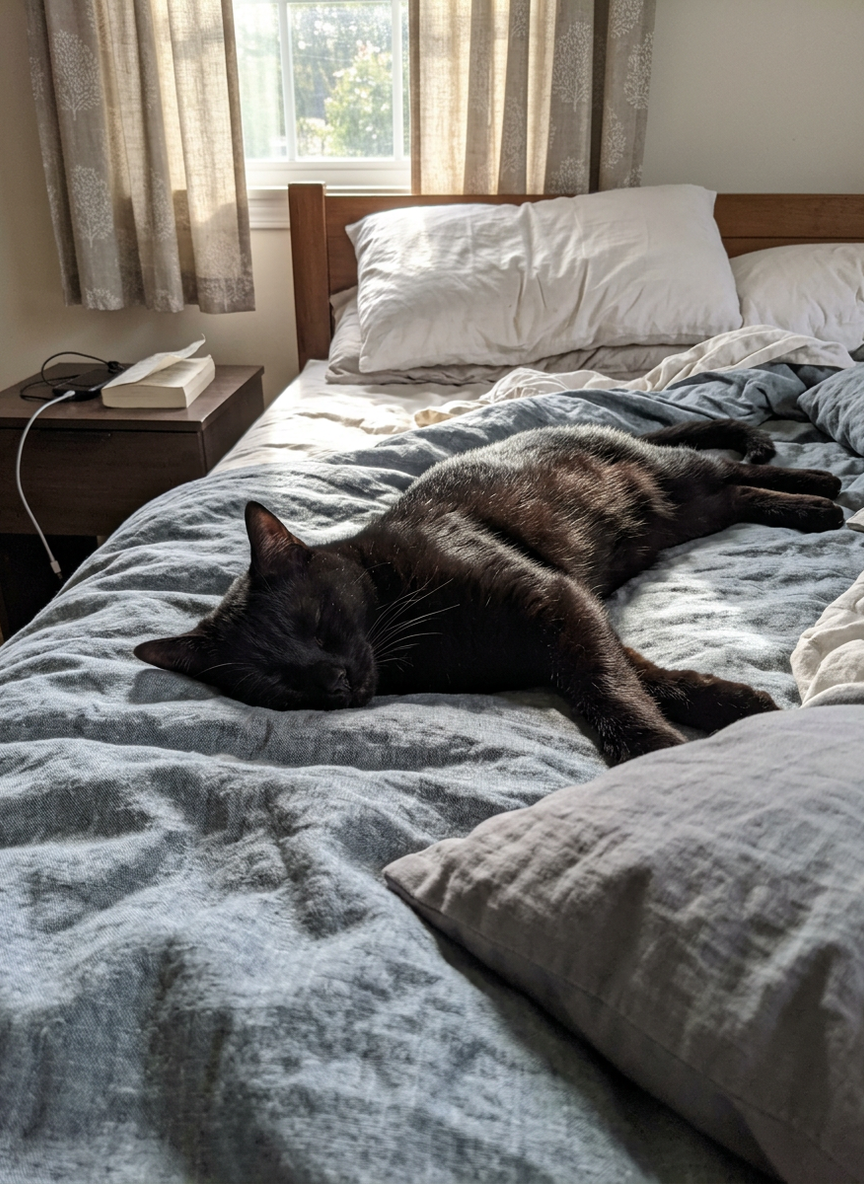 The source image: a solid black shorthair cat, asleep and sprawled across an unmade bed in morning light