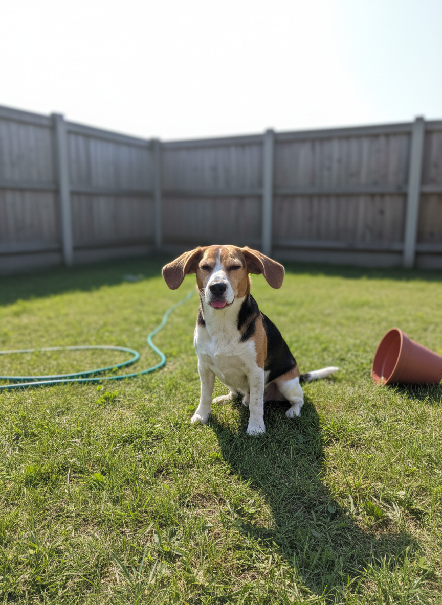 The source image: a tricolour beagle, outdoors on a garden lawn