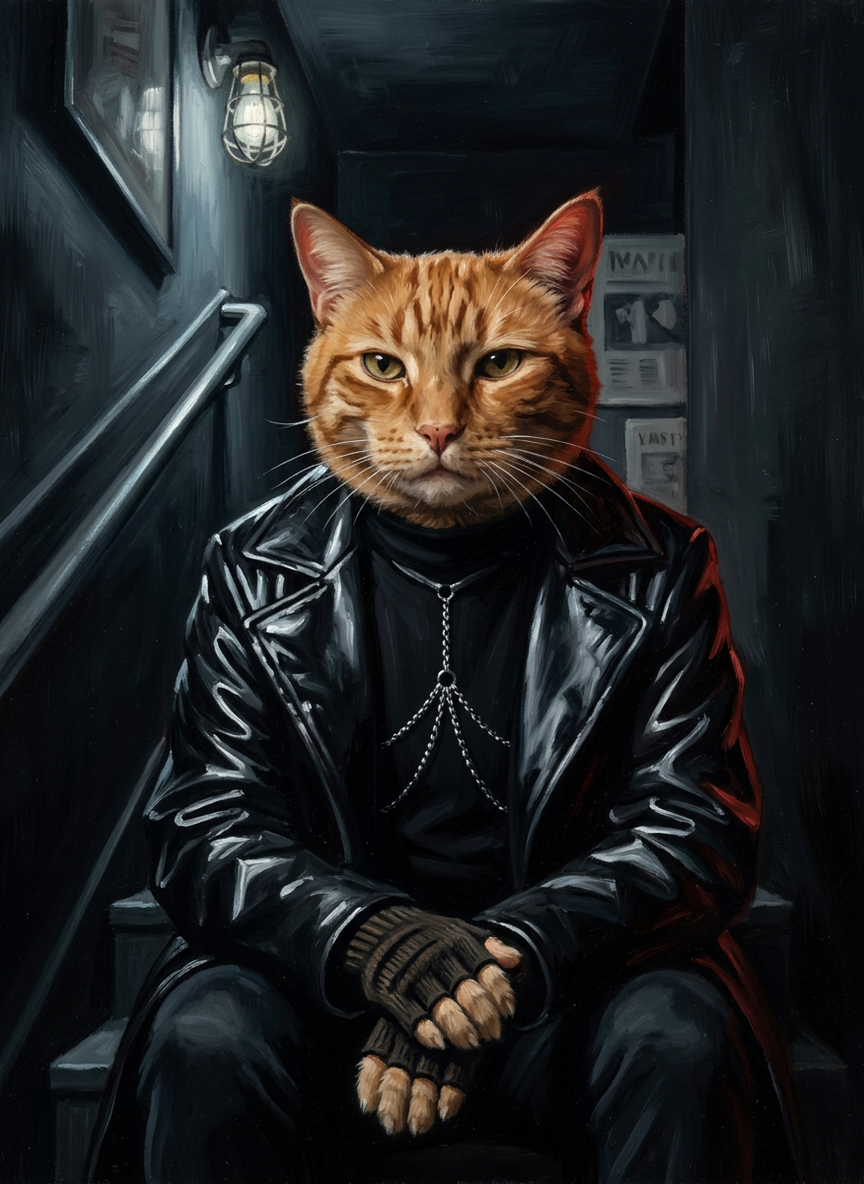 an orange tabby cat, wrapped in a grey blanket on a sofa in daylight, rendered by the studio in The Nineties Underground style, from the source image in this frame