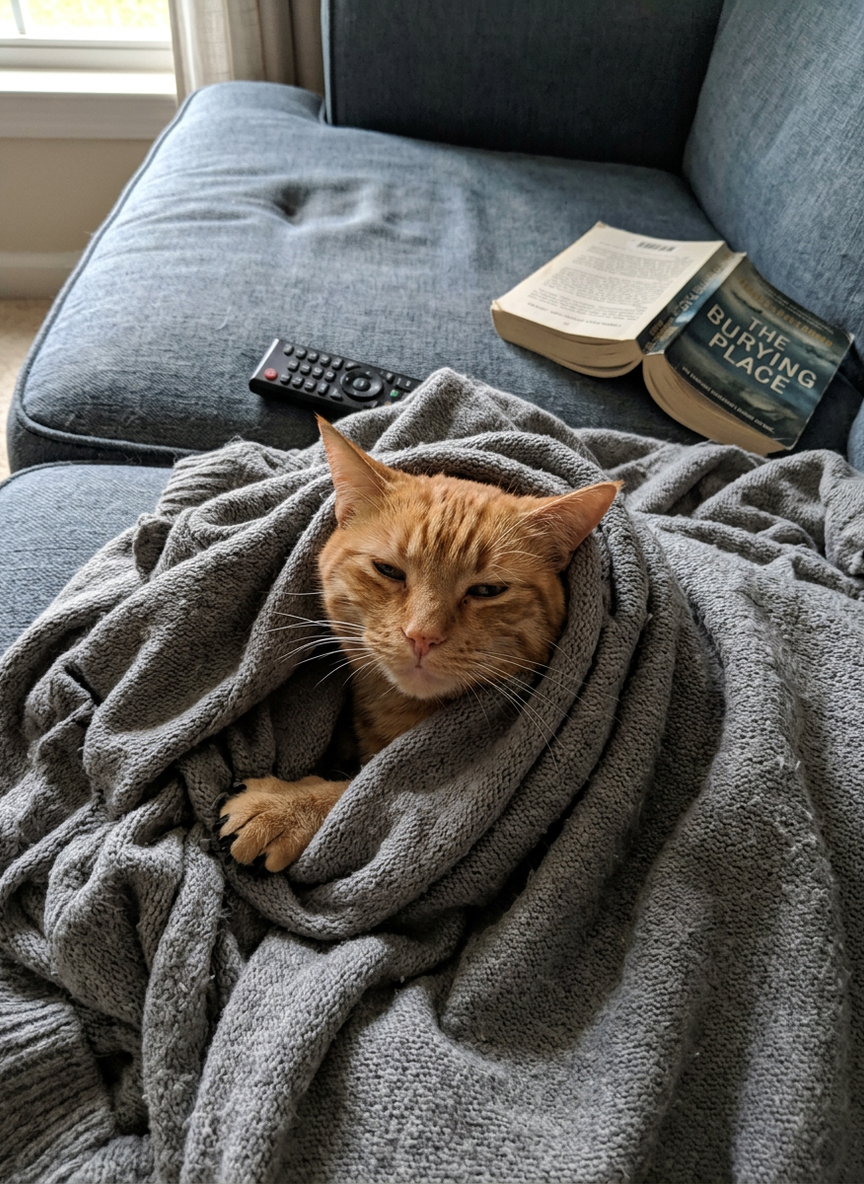 The source image: an orange tabby cat, wrapped in a grey blanket on a sofa in daylight