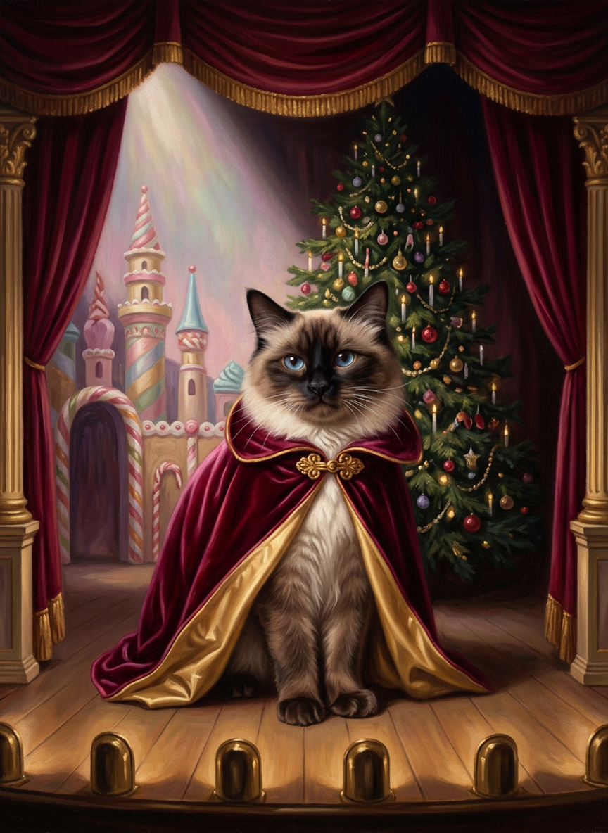 a seal point ragdoll cat, curled up in a cardboard box with packing paper, on a patterned rug, rendered by the studio in The Nutcracker Christmas style, from the source image in this frame