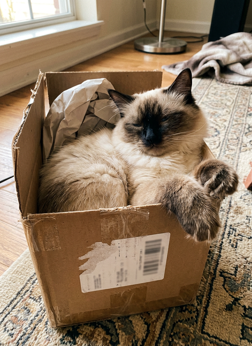 The source image: a seal point ragdoll cat, curled up in a cardboard box with packing paper, on a patterned rug