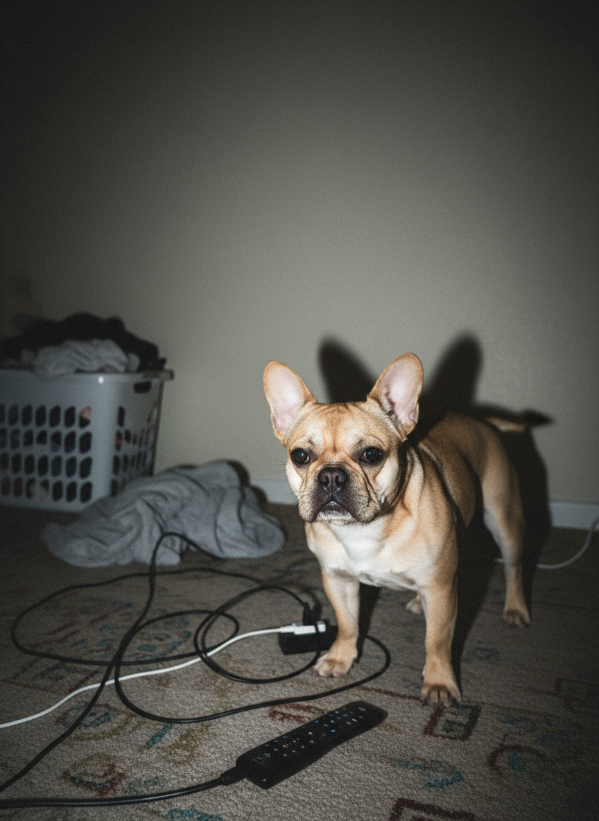 The source image: a fawn french bulldog, indoors at night