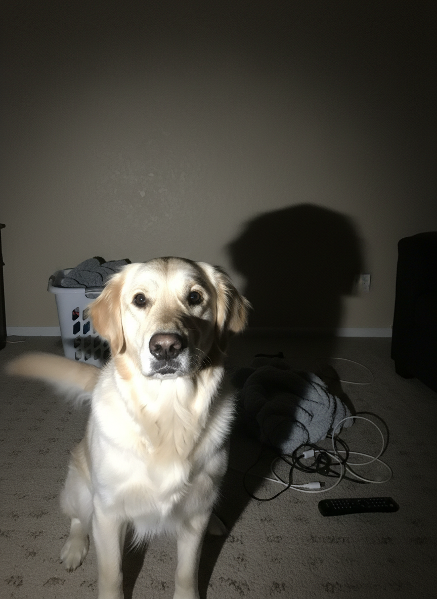 The source image: a pale gold golden retriever, indoors at night