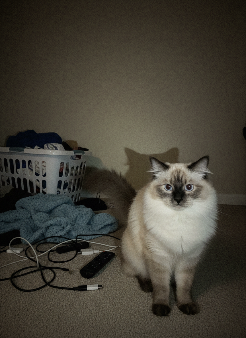 The source image: a cream and seal-point ragdoll cat, indoors at night