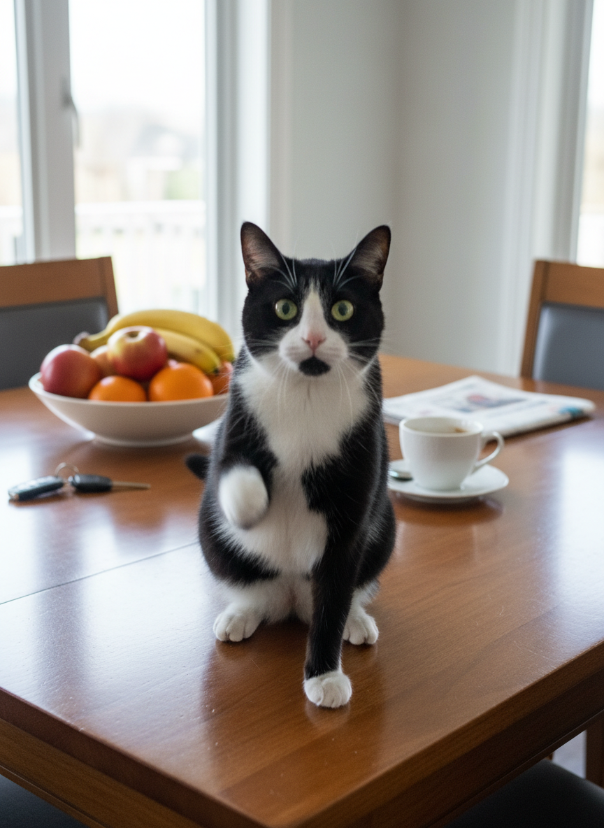 The source image: a black-and-white tuxedo cat, standing on a dining table in daylight