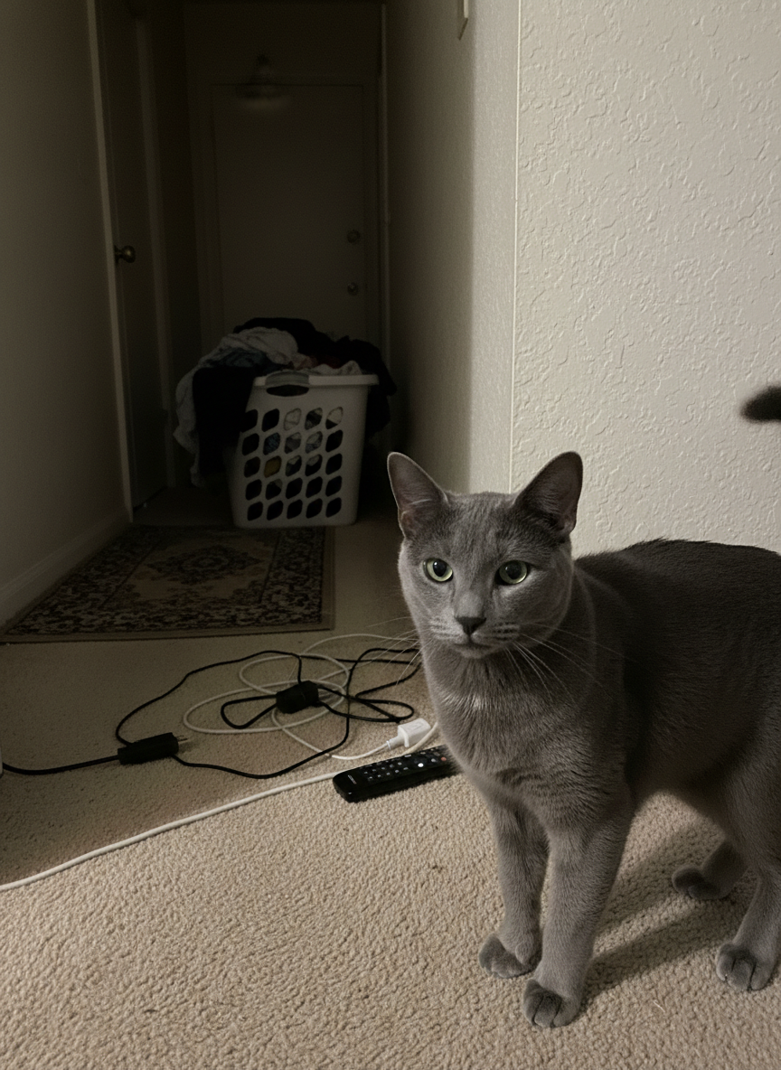 The source image: a slate-grey russian blue cat, indoors at night