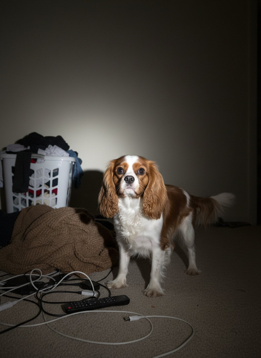 The source image: a blenheim cavalier king charles spaniel, indoors at night