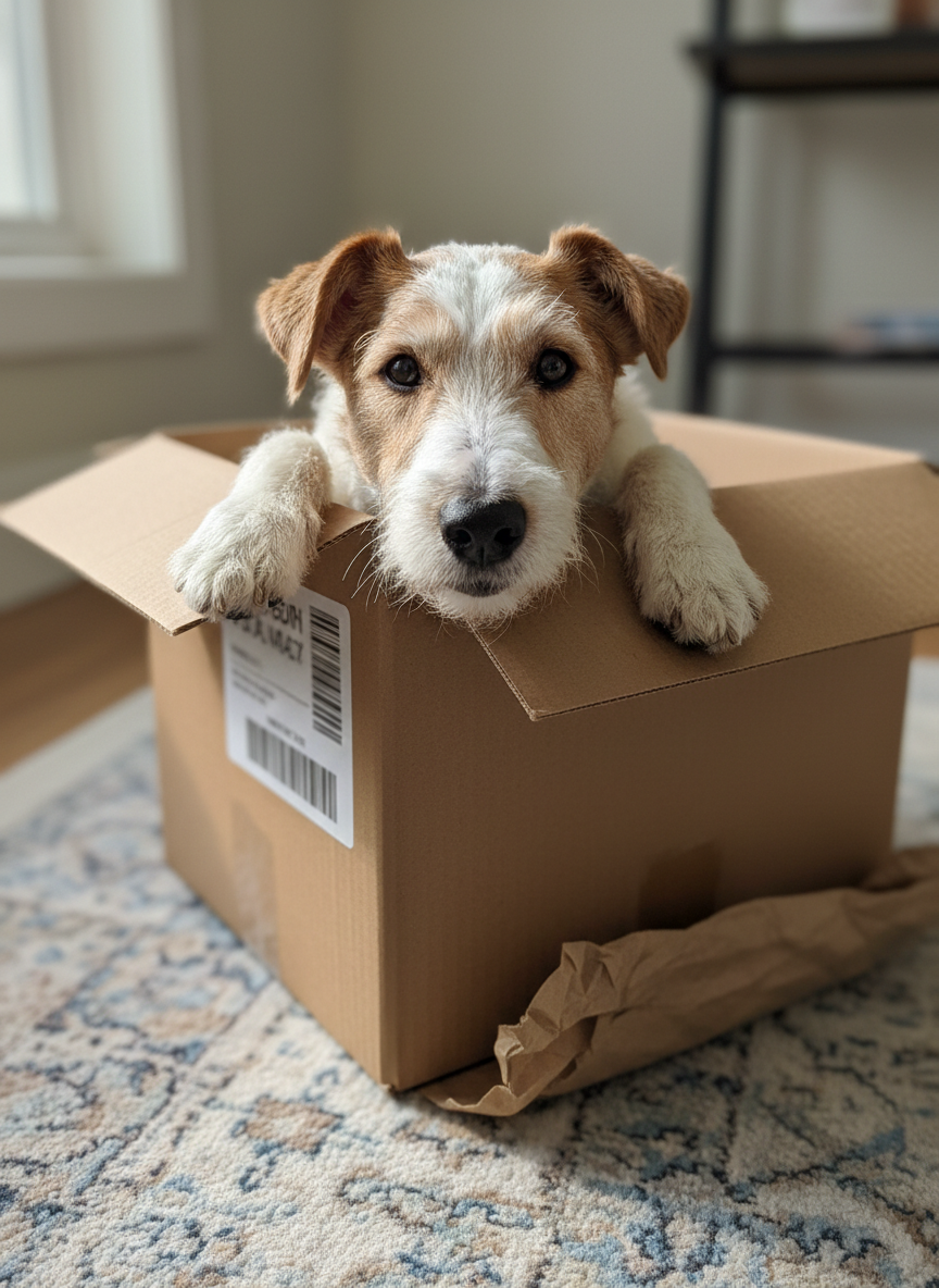 The source image: a white-and-tan wire fox terrier, in a cardboard box indoors